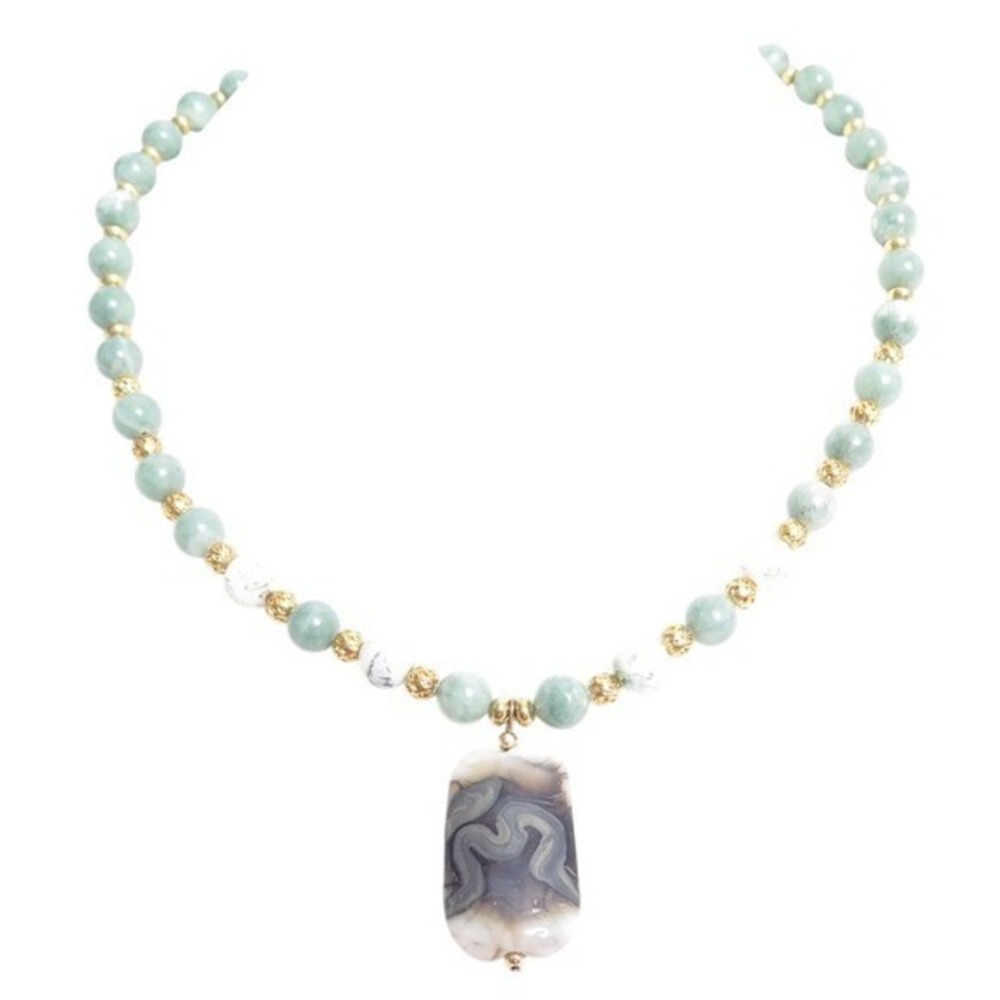 GREEN AVENTURINE WHITE‎ MARBLE BEADED NECKLACE BANDED AGATE PENDANT GOLD TONE